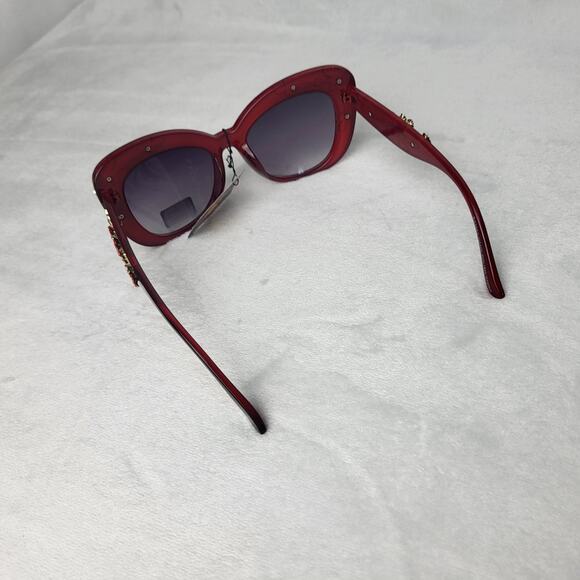 Statement Floral Embellished Cat-Eye Sunglasses Black Frame Red Gold Accents - Picture 7 of 10